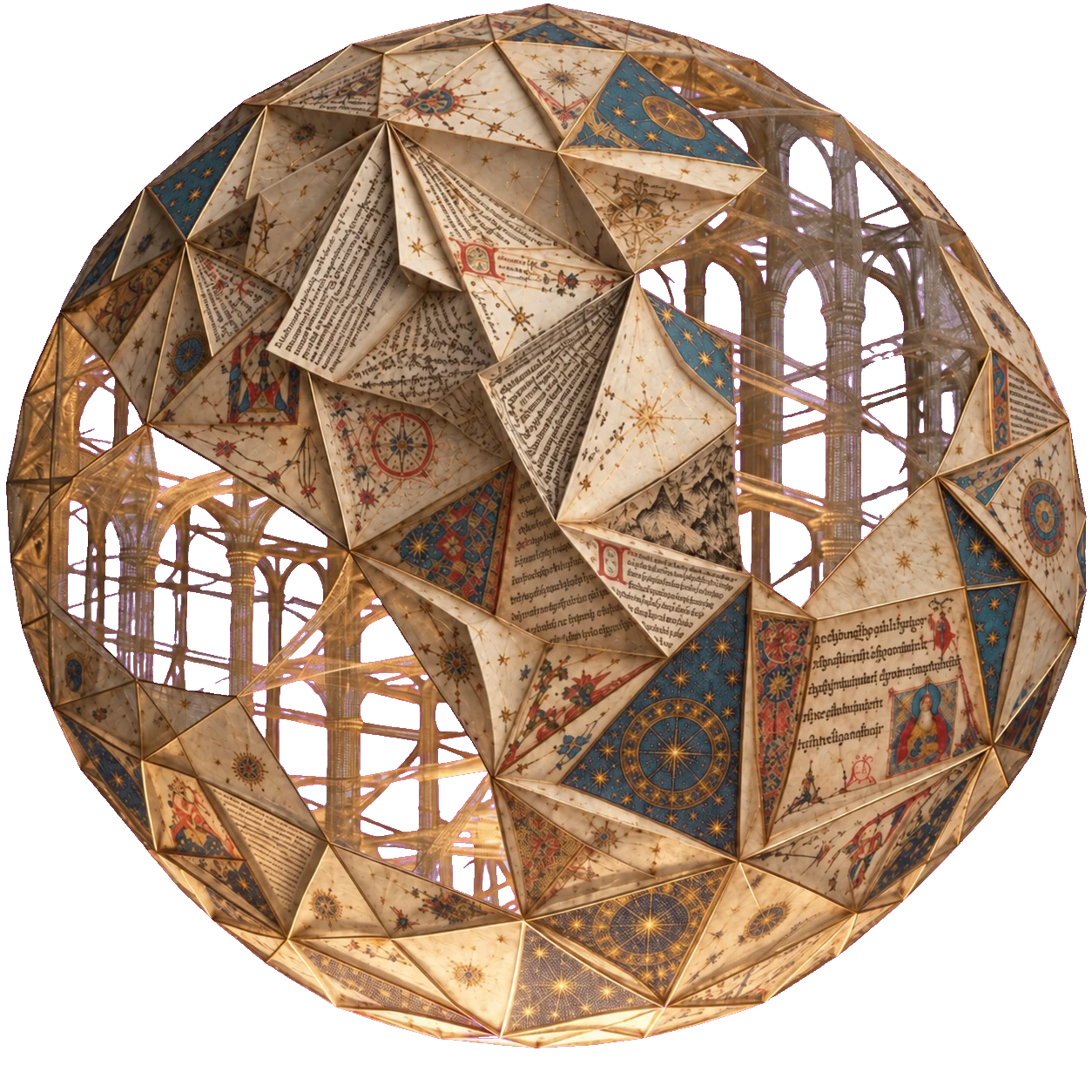 A geodesic globe folded from manuscript and map leaves in many scripts, its open facets showing a vaulted colonnade within