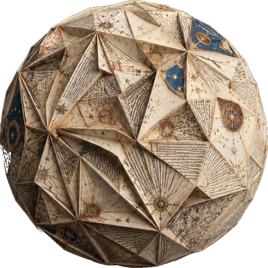 The Ars Inquirendi globe, a sculpture folded from historic map and manuscript leaves