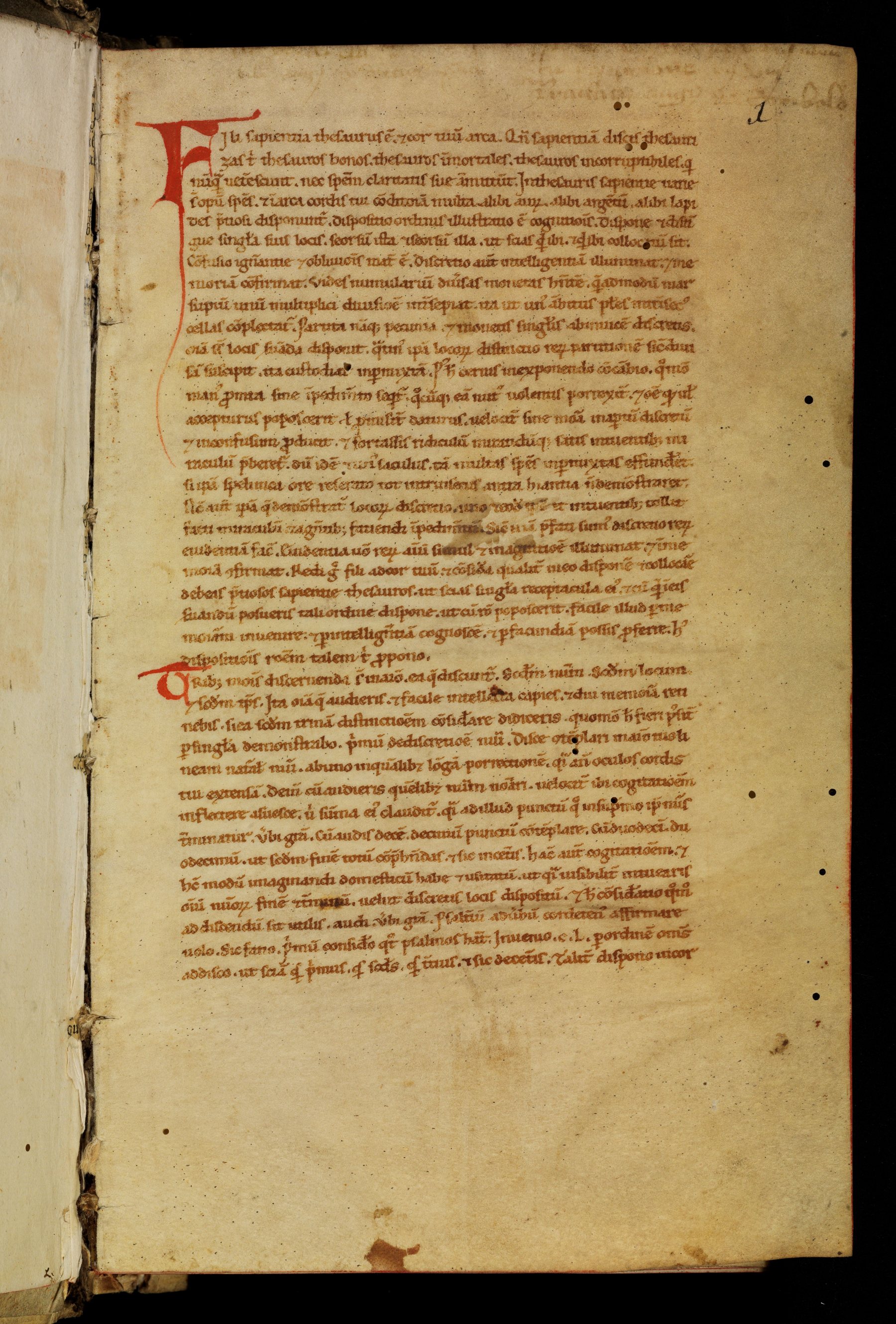 Bamberg Msc.Patr.21, folio 1r: the opening of Hugh's prologue in a twelfth-century minuscule, with a large red initial F for Fili