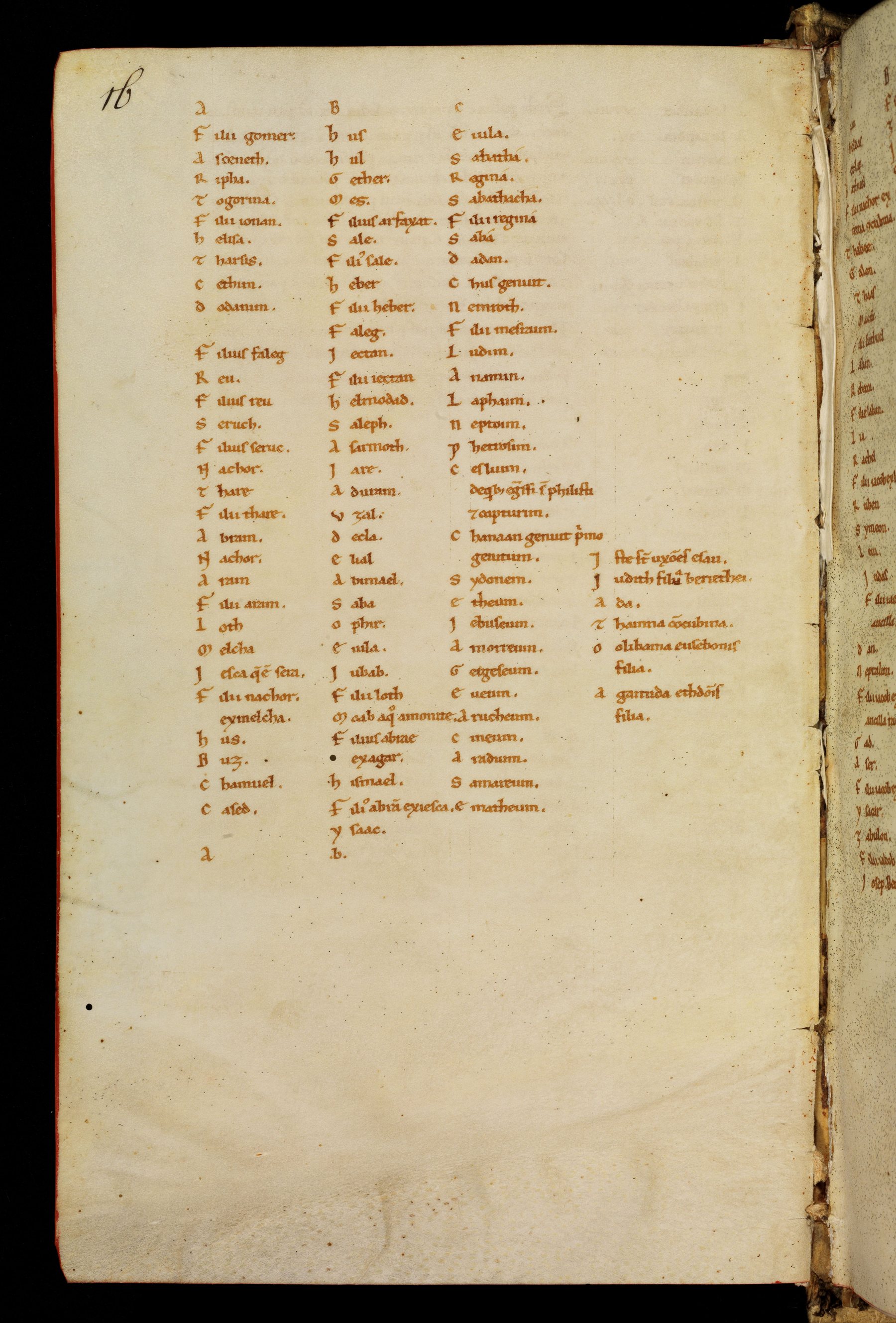 Bamberg Msc.Patr.21, folio 8v: genealogical tables in three columns