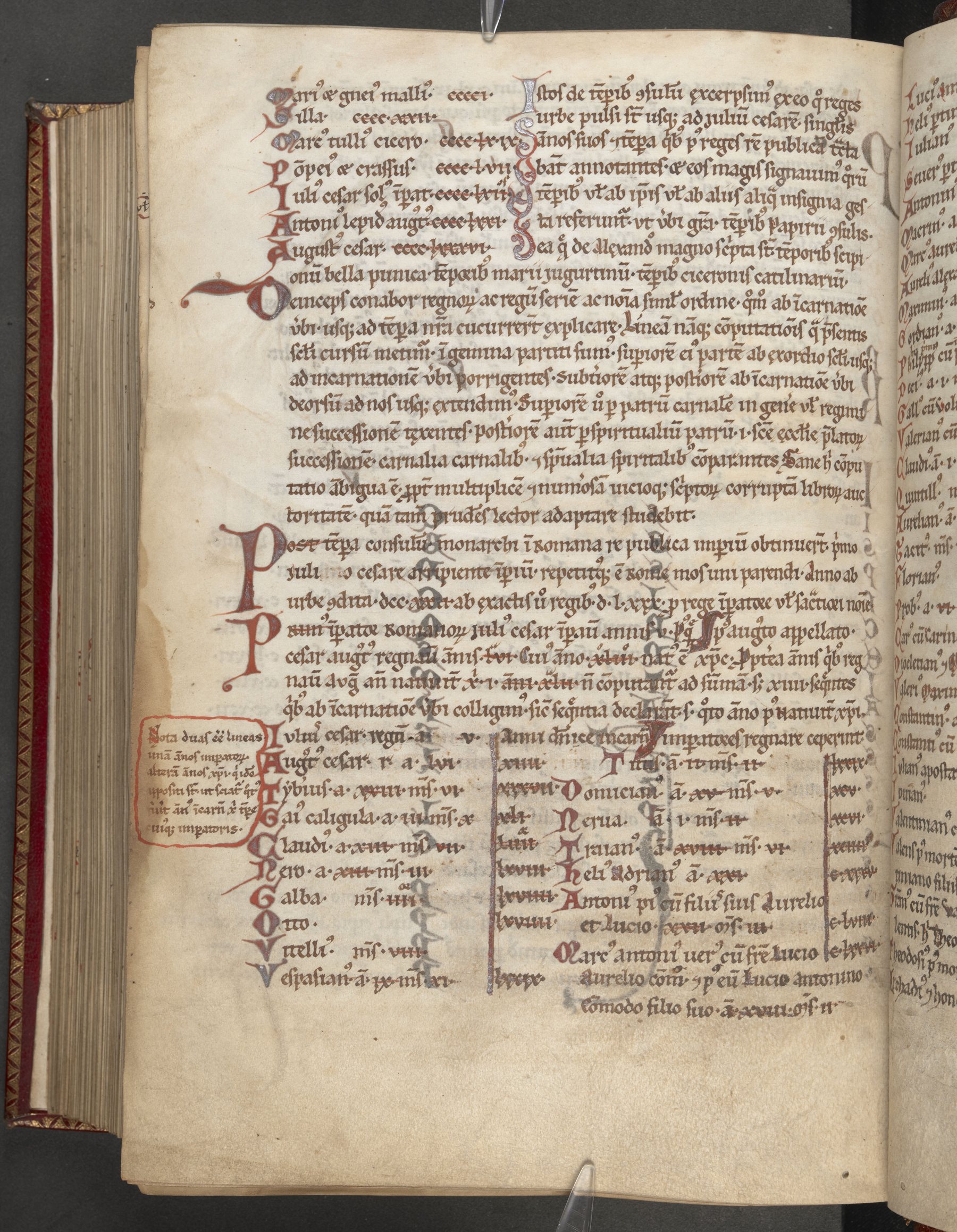 British Library Stowe MS 4, folio 268v: the series of Roman rulers with their years, and the sentence on the line of reckoning divided in two