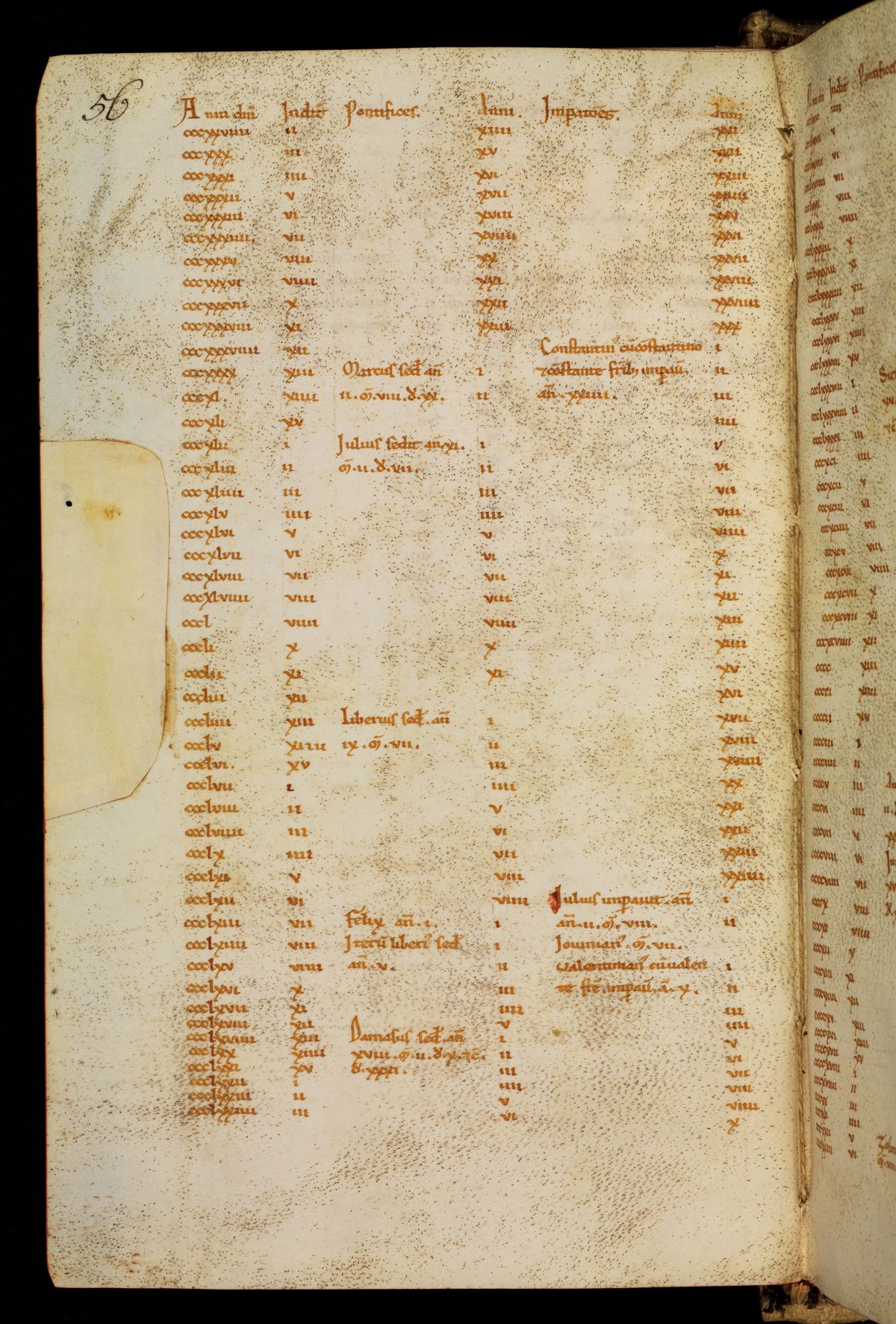 Bamberg Msc.Patr.21, folio 28v: a ruled page of the Chronicle's table carrying the years 329 to 374