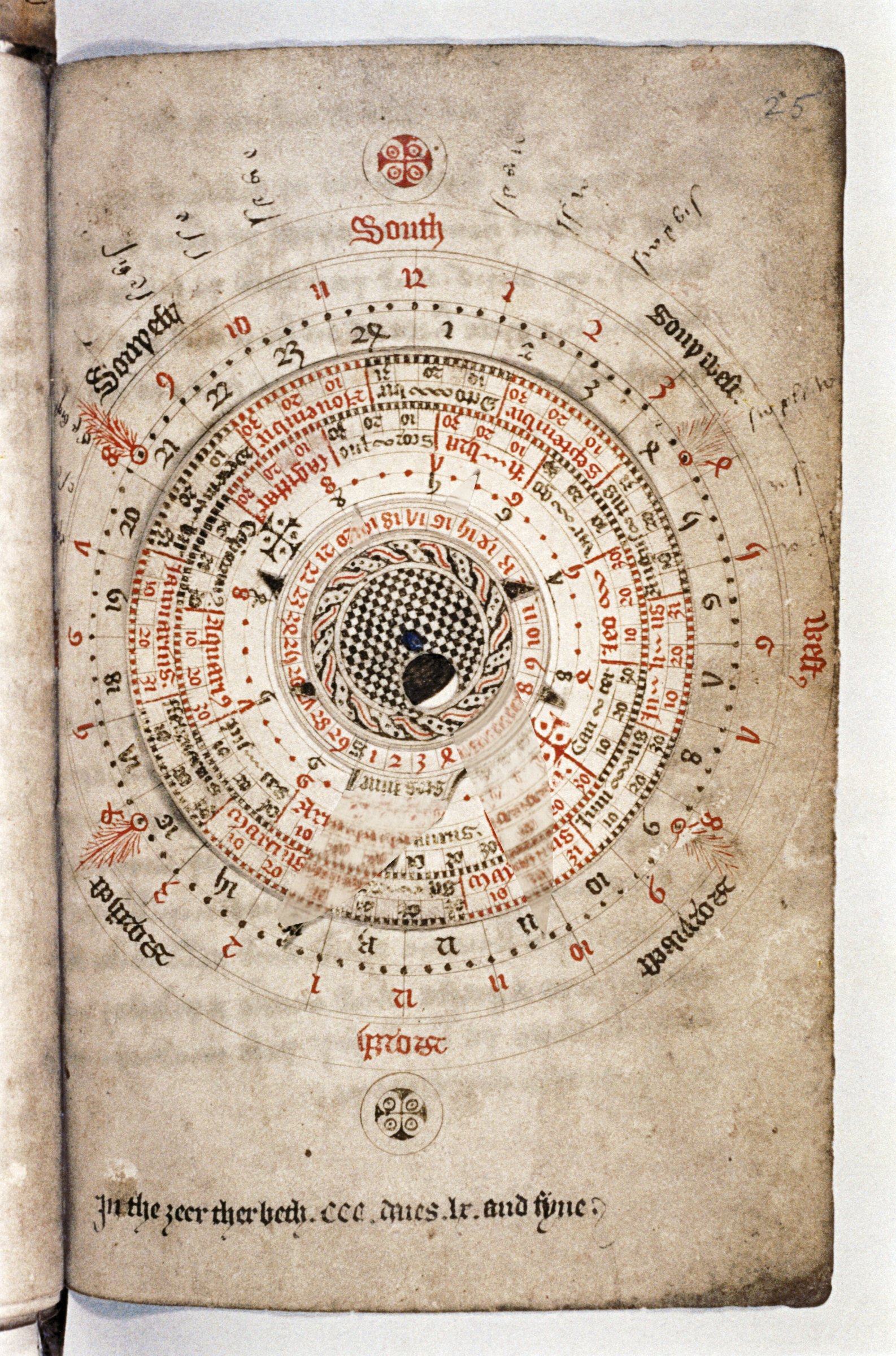 Folio 25r of MS. Ashmole 370: a circular calendar with rings of months, days and hours, the compass points South, West, North and East, and a central disc with black pointers for the sun and the moon
