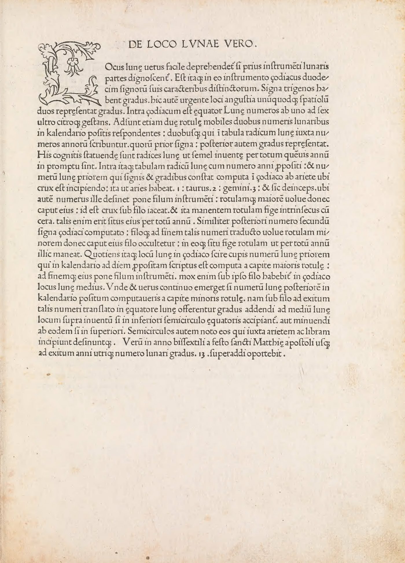 The leaf De loco lunae vero, with the instructions for the instrument