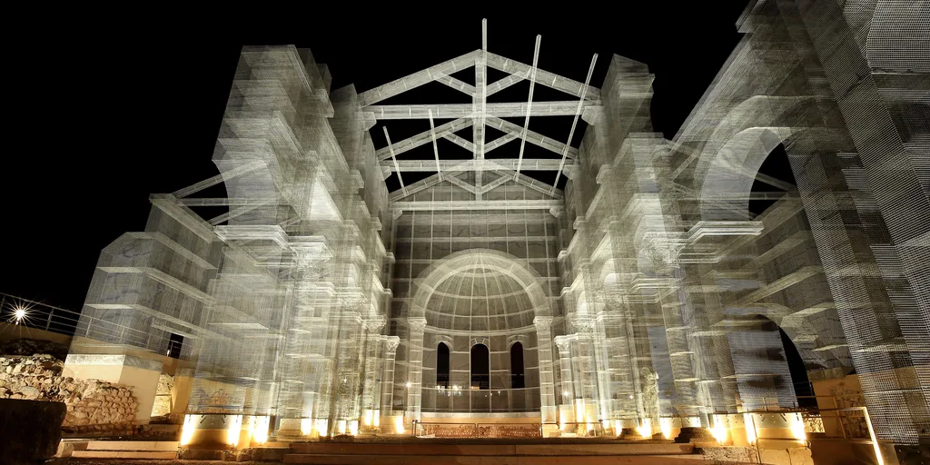 Edoardo Tresoldi, Basilica di Siponto — the lost basilica reconstructed in wire mesh above its ruins