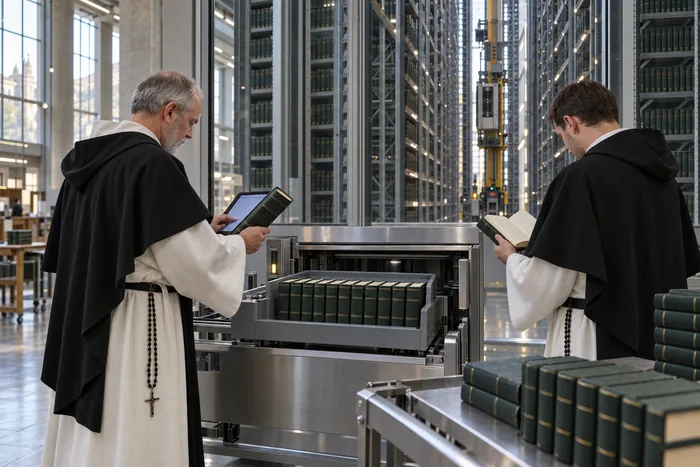 Two Dominican friars in white habits and black cloaks at the retrieval station of an automated store: one checks a volume against a tablet, the other reads. Behind a glass wall, steel racking rises many storeys, with a crane in the aisle.