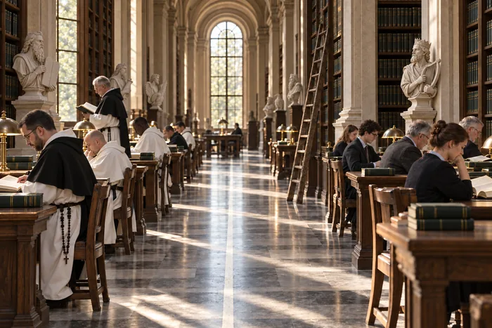 A long reading room divided lengthwise by a pale line on the floor. Dominican friars study on one side and faculty members on the other. A wooden ladder leans against the shelves, and busts of Moses and King David look on.