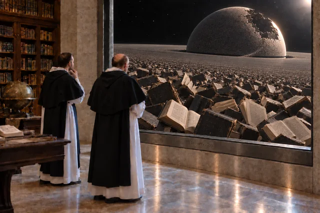 Two monks observe a partly assembled planet through an EverettVision viewport. A flat disc surrounds it across a narrow dark gap; nearby open and closed books jostle at different angles, with printed text visible on the closest pages.